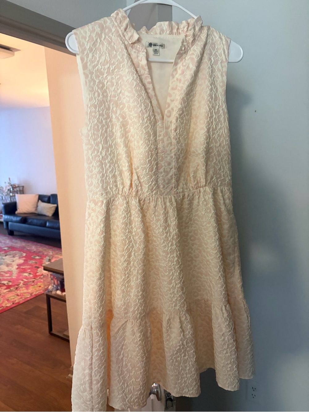 Versona Sleeveless Textured V-Neck Mini Dress in Peach